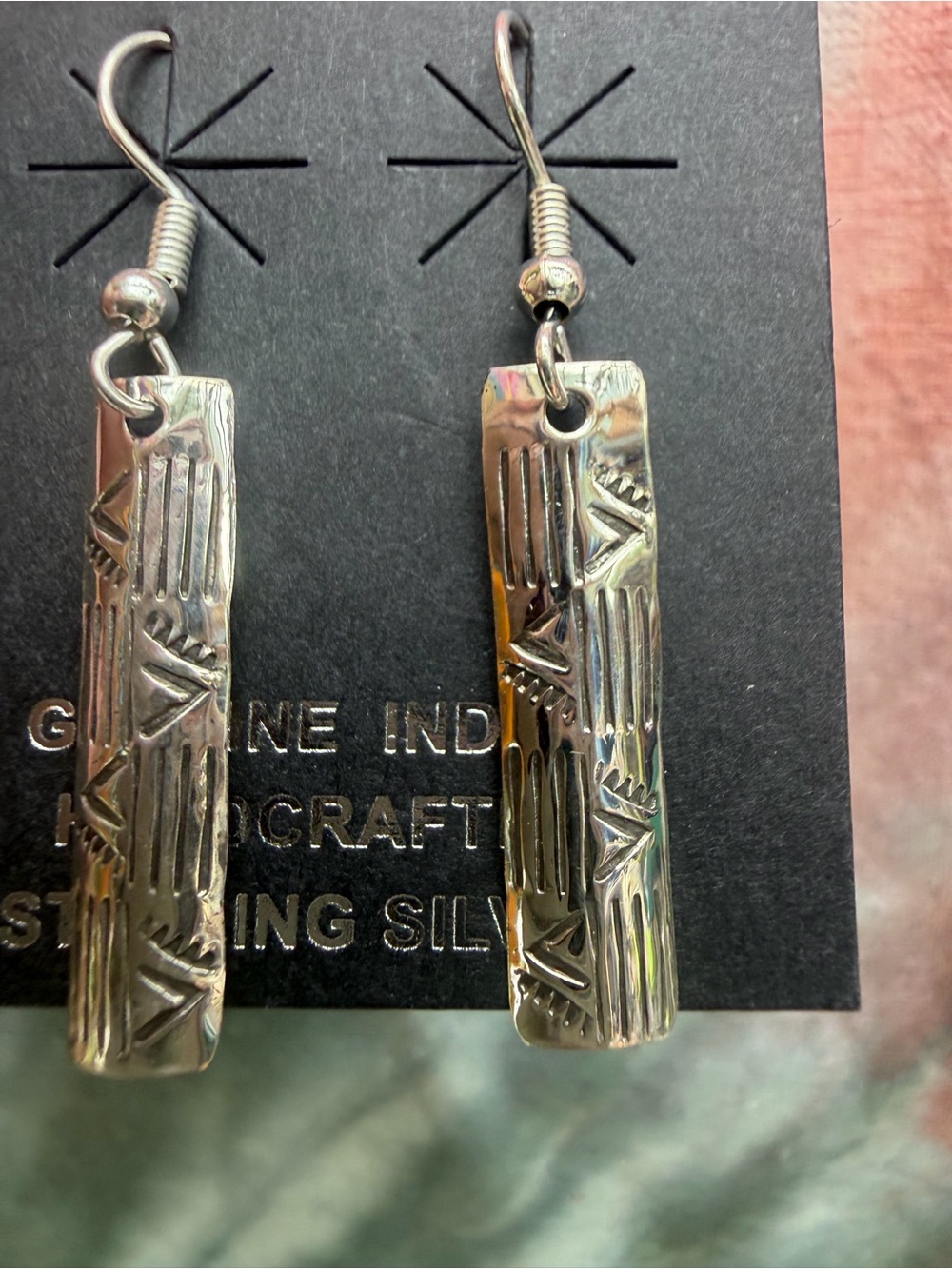 Navajo Handmafe 925 Sterling Silver Textured Bar Drop Earrings - Silver